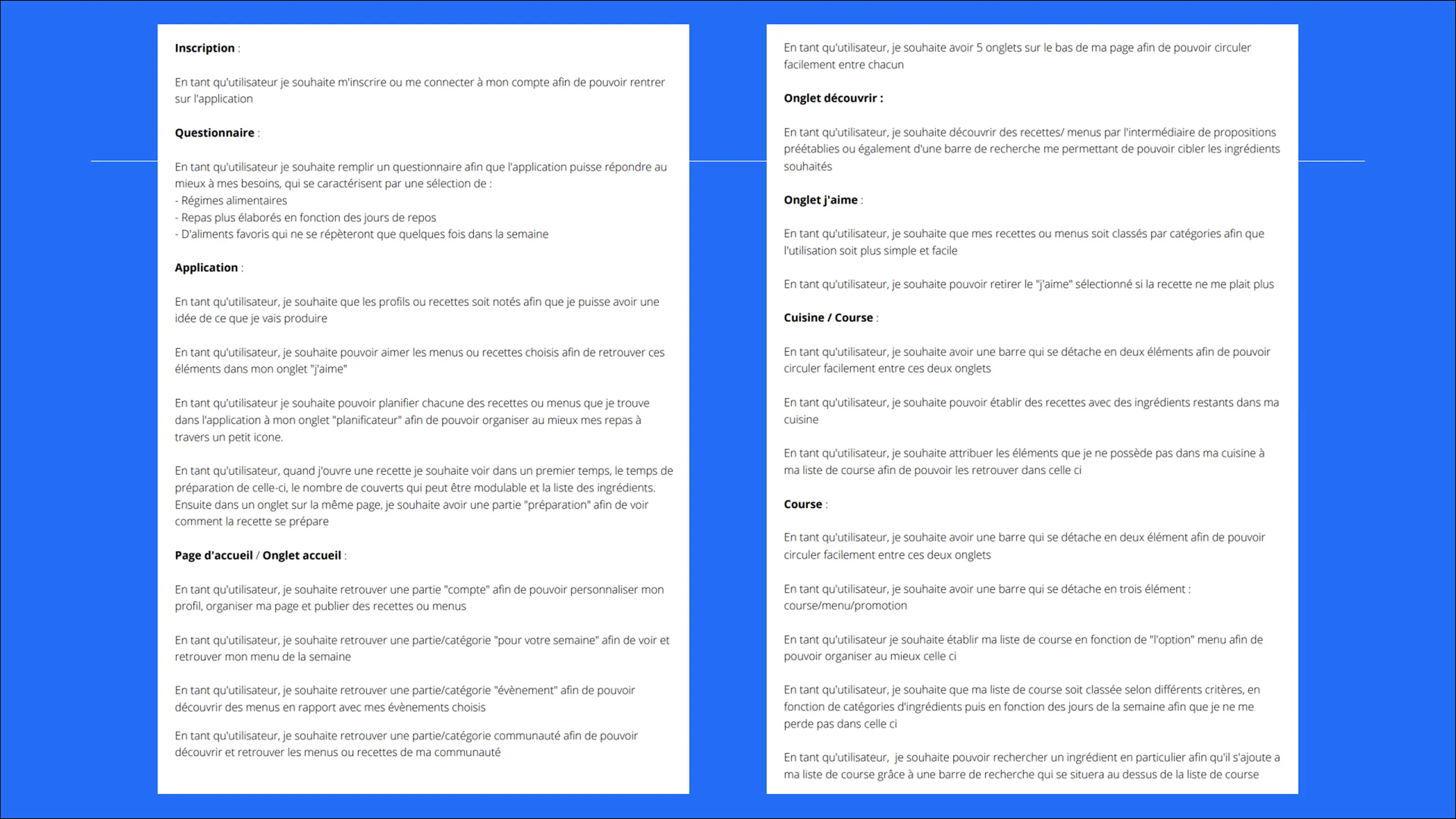 User stories – vue d’ensemble