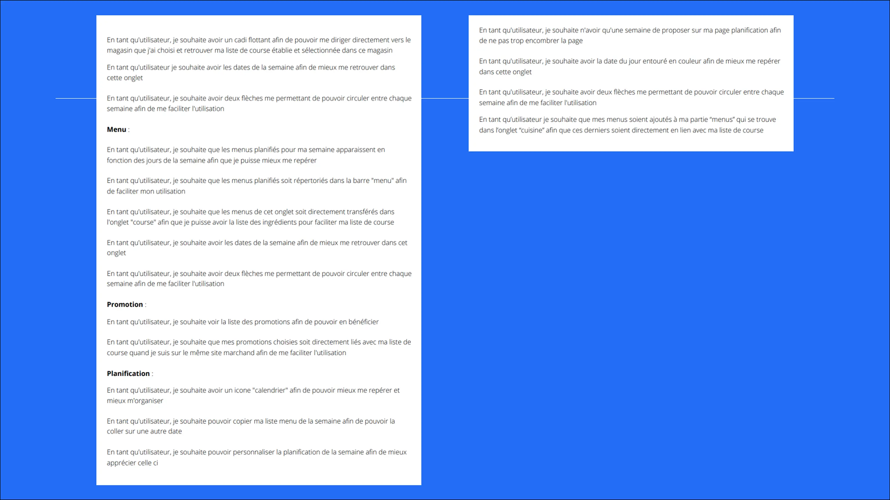 User stories – détail du diagramme